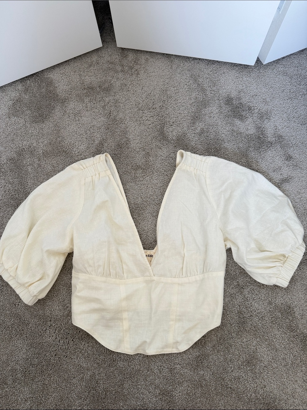 Deep V-Neck Puff Sleeve Crop Top in Cream